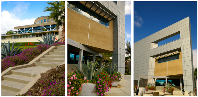 3 decorative images taken of the VC Library and Learning Center building and surrounding architecture.