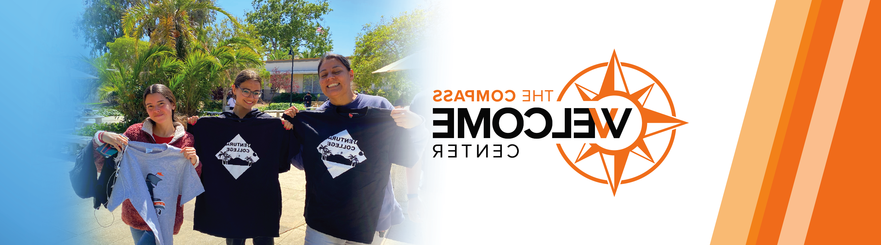 photo of 3 students holding ventura college t-shirts with welcome center logo